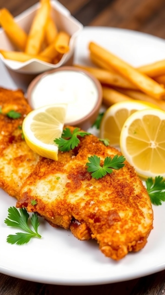 Crispy fried tilapia fillet with lemon wedges and parsley on a plate, served with fries.
